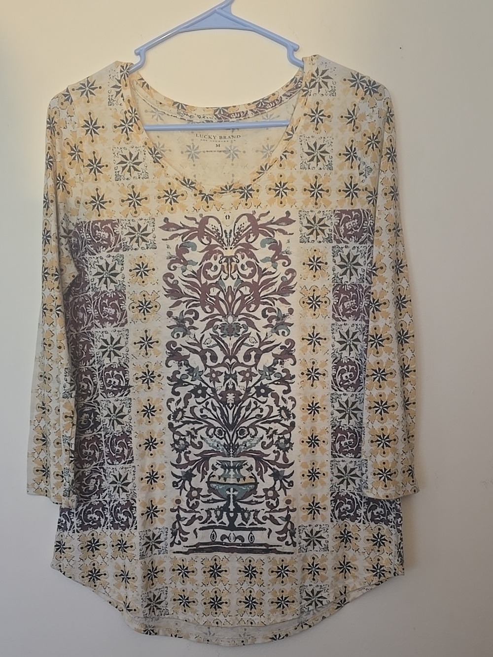 Lucky Brand Cream Long Sleeve Top with Purple and Gray Print